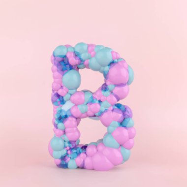 Renkli pastel balonlardan oluşan yaratıcı B harfi konsepti. Pastel pembe arka planda balon yazı tipi kavramı. 3B Görüntü.