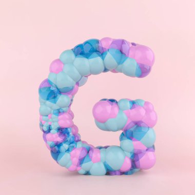 Renkli pastel balonlardan yapılmış G harfi konsepti. Pastel pembe arka planda balon yazı tipi kavramı. 3B Görüntü.