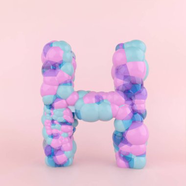 Renkli pastel balonlardan yapılmış H harfi konsepti. Pastel pembe arka planda balon yazı tipi kavramı. 3B Görüntü.