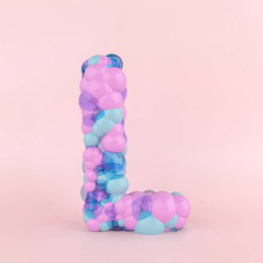 Renkli pastel balonlardan yapılmış L harfi konsepti. Pastel pembe arka planda balon yazı tipi kavramı. 3B Görüntü.