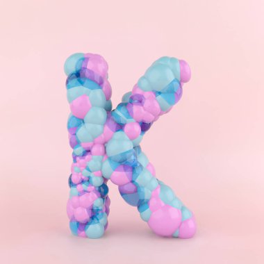 Renkli pastel balonlardan yapılmış yaratıcı K harfi konsepti. Pastel pembe arka planda balon yazı tipi kavramı. 3B Görüntü.