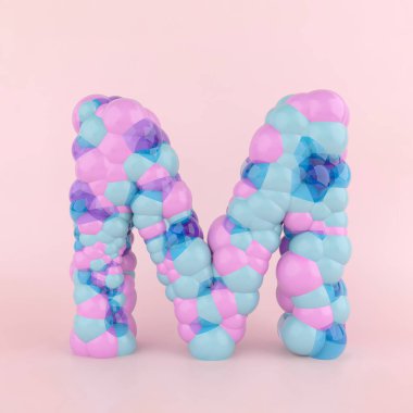 Renkli pastel balonlardan yapılmış M harfi konsepti. Pastel pembe arka planda balon yazı tipi kavramı. 3B Görüntü.