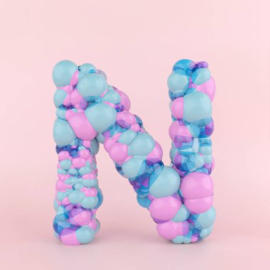 Renkli pastel balonlardan yapılmış yaratıcı N harfi konsepti. Pastel pembe arka planda balon yazı tipi kavramı. 3B Görüntü.