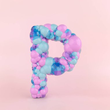Renkli pastel balonlardan yapılmış yaratıcı P harfi konsepti. Pastel pembe arka planda balon yazı tipi kavramı. 3B Görüntü.