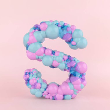Renkli pastel balonlardan yapılmış S harfi konsepti. Pastel pembe arka planda balon yazı tipi kavramı. 3B Görüntü.