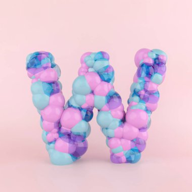 Renkli pastel balonlardan yapılmış W harfi konsepti. Pastel pembe arka planda balon yazı tipi kavramı. 3B Görüntü.