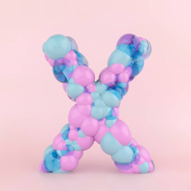 Renkli pastel balonlardan oluşan yaratıcı X harfi konsepti. Pastel pembe arka planda balon yazı tipi kavramı. 3B Görüntü.