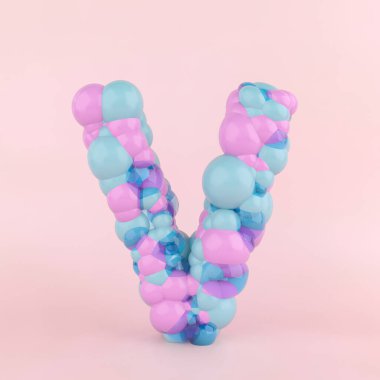 Renkli pastel balonlardan yapılmış V harfi konsepti. Pastel pembe arka planda balon yazı tipi kavramı. 3B Görüntü.