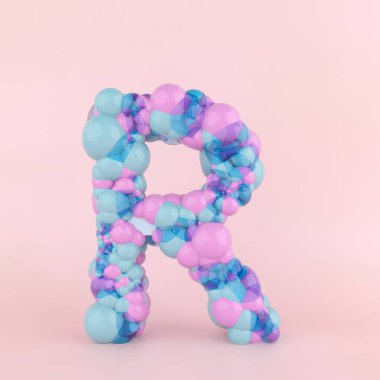 Renkli pastel balonlardan oluşan yaratıcı R harfi konsepti. Pastel pembe arka planda balon yazı tipi kavramı. 3B Görüntü.
