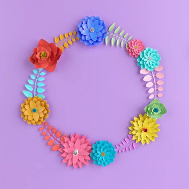 Kopya alanı ile 3D İllüstrasyon Bahar Çiçekleri konsepti. Pastel mor arka planda bir çiçek çelengi.