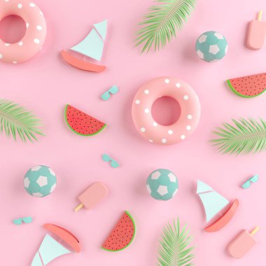 Pastel pembe arka planda yaratıcı Summer plaj partisi konsepti. Dondurma, top, karpuz, güneş gözlüğü, palmiye yaprağı, tekne ve yüzey.