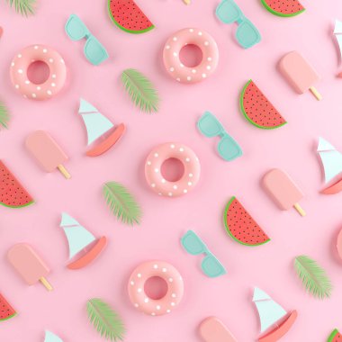 Pastel pembe arka planda yaratıcı Summer plaj partisi konsepti. Dondurma, top, karpuz, güneş gözlüğü, palmiye yaprağı, tekne ve yüzey.