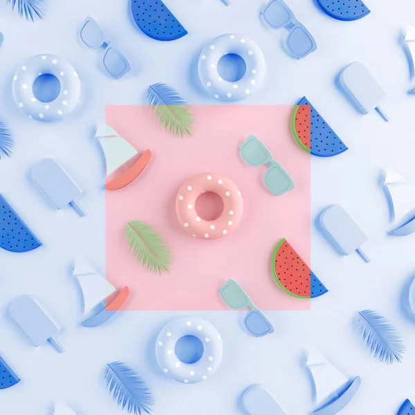 Pastel mavi arka planda yaratıcı Summer plaj partisi konsepti. Dondurma, top, karpuz, güneş gözlüğü, palmiye yaprağı, tekne ve yüzey.