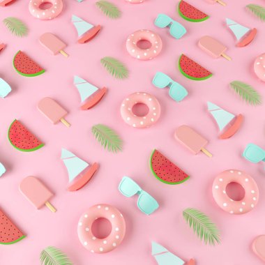 Pastel pembe arka planda yaratıcı Summer plaj partisi konsepti. Dondurma, top, karpuz, güneş gözlüğü, palmiye yaprağı, tekne ve yüzey.