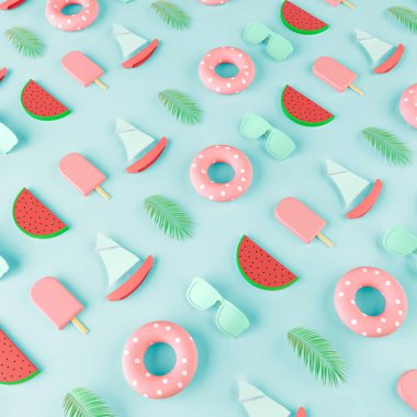 Pastel mavi arka planda yaratıcı Summer plaj partisi konsepti. Dondurma, top, karpuz, güneş gözlüğü, palmiye yaprağı, tekne ve yüzey.