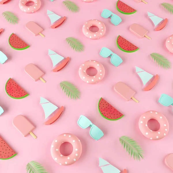 Pastel pembe arka planda yaratıcı Summer plaj partisi konsepti. Dondurma, top, karpuz, güneş gözlüğü, palmiye yaprağı, tekne ve yüzey.