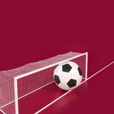 Futbol sahasının futbol kalesinde top olan minimum 3D Illustration konsepti. Oyna ve kazan. Pastel arkaplan.