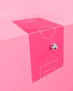 Futbol sahasının futbol kalesinde top olan minimum 3D Illustration konsepti. Oyna ve kazan. Pastel pembe arkaplan.