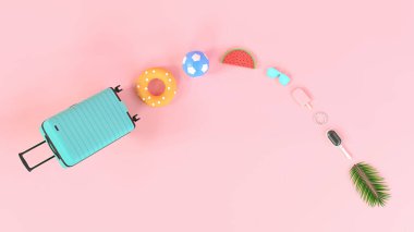 Yaratıcı tatil ambalaj süreci kavramı. Yaz için gerekli her şey valizde taşınıyor. Pastel pembe arkaplan 3D Görüntü.