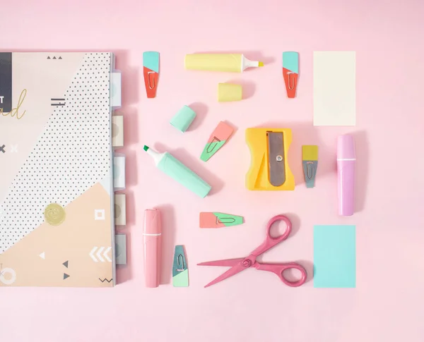 Creative Flat Lay Concept Pastel Office School Supplies Cute Little — Stock Photo, Image