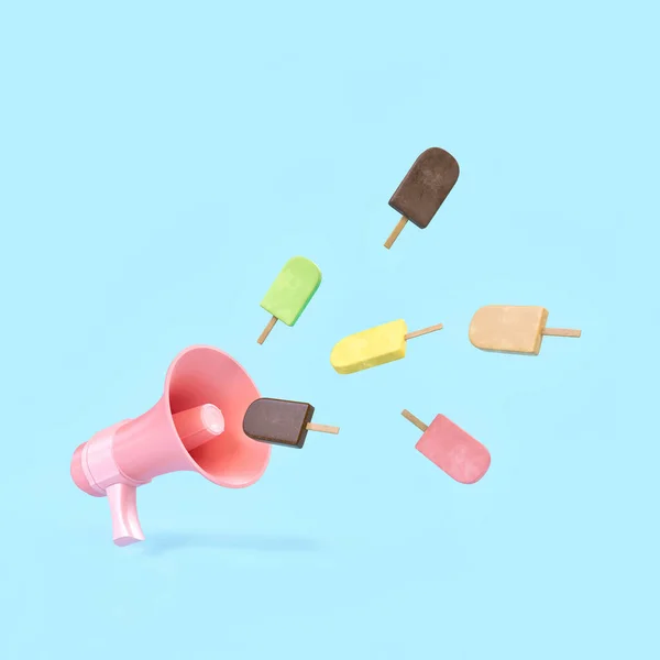 粉色扩音器 配上五彩缤纷的夏季甜冰淇淋和淡蓝色背景 广告创意 最小好吃的小吃概念 — 图库照片