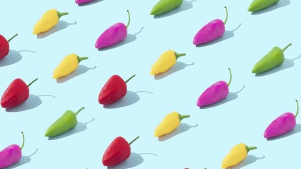 Tvůrčí Vzor Chilli Zelené Červené Žluté Fialové Papriky Podzimní Jídlo — Stock video