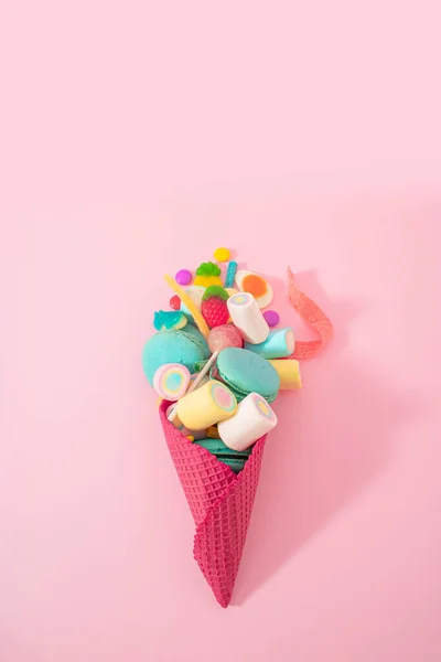 Creative Junk Food Concept Lots Delicious Sweets Ice Cream Cone — стоковое фото