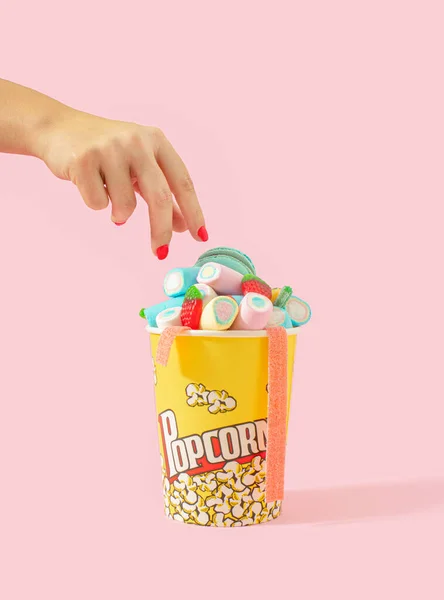 Creative Concept Cinema Popcorn Bag Full Candies Sweets Movie Night — Foto de Stock