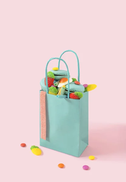 Creative Concept Blue Shopping Bag Full Delicious Sweets Candy Store — Foto de Stock