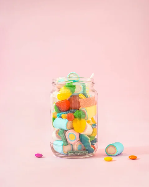 Creative Concept Glass Jar Full Delicious Sweets Candy Store Pastel — Foto de Stock