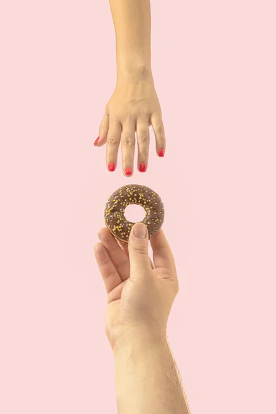 Creative Funny Concept Delicious Donut Proposal Pastel Pink Background Sweet — Foto de Stock