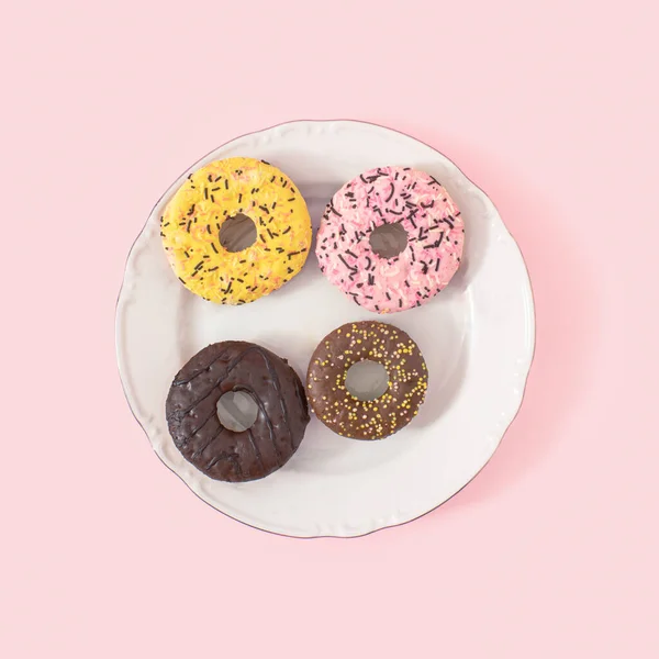 Creative Flat Lay Concept Pastel Blue Background Sweet Delicious Donuts — Stockfoto