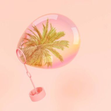 Creative abstract 3D Illustration concept of children's toy for making soap bubbles with a palm leaf in it. Pastel Summer pink background.