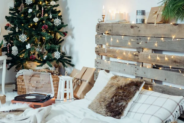 Cozy Christmas Rustic Home Decoration Vintage Style New Year Interior — Stock Photo, Image
