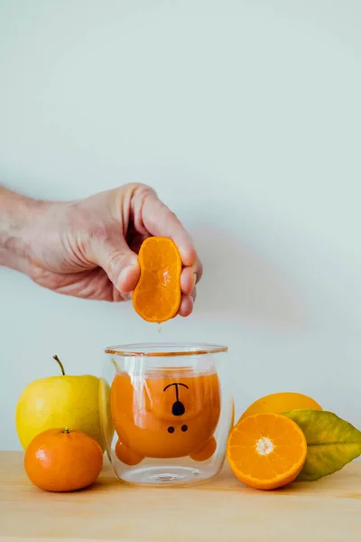 Citrus Fresh Juice Funny Glass Child Healthy Eating — Stock Photo, Image