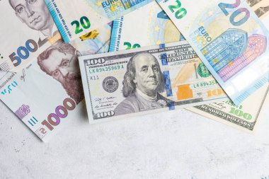 Farklı para birimleri, dolar, avro ve Hryvnia banknotları, para.