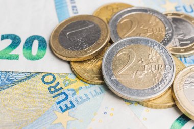 Para, avro sikkeleri ve kağıt banknotlar, yakın çekim.