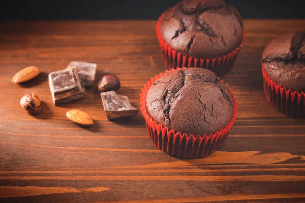 Muffin Cioccolato Fatti Casa Cupcake Una Tavola Legno — Foto Stock