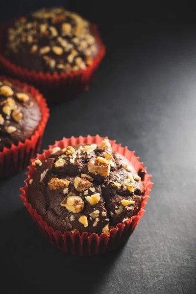 Magdalenas Chocolate Caseras Cupcakes Salpicados Nueces Sobre Fondo Oscuro — Foto de Stock