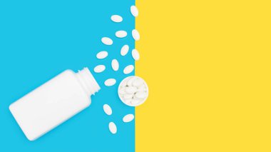 Tedavi için beyaz haplar mavi ve sarı arka plan, eczane ve ilaç konsepti, üst görünüm.