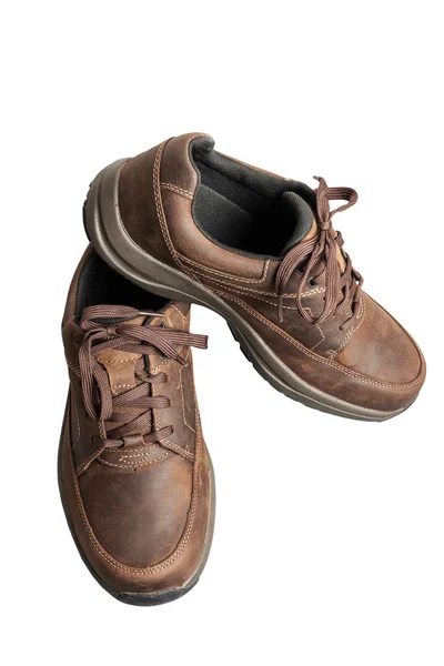 Beyaz Arka Planda Izole Erkek Kahverengi Deri Yürüyüş Ayakkabıları — Stok fotoğraf
