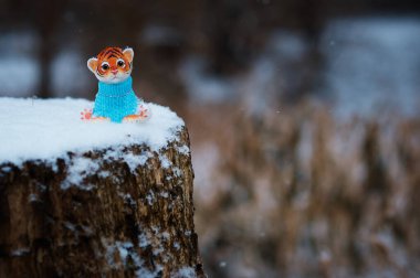 Orman kütüğündeki bir kaplan heykeli. Bulanık arka planda mavi kazaklı, çizgili yakışıklı bir adam. Kar yağıyor. Seçici odak.