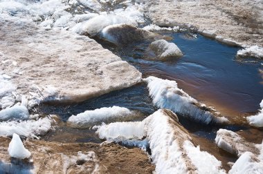 Buzlar erimiş. Eriyen nehir buzu. Kristallerin kolon ve iğne benzeri yapısı. İlkbaharda Amur Nehri 'nin kıyısında buz kütlesi. Girdaplar ve su akışı. Yakın görüş. Seçici odak.
