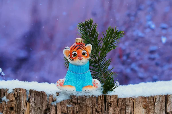 Mavi kazaklı güzel bir kaplan yavrusu karlı bir ormanda bir ladin dalının yanında bir kütüğün üzerinde oturuyor. Geçmişi 2022 Çok Peri renginde. Mutlu Çin Yeni Yılı 2022. Metin için yeri olan tebrik kartı.