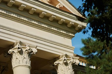 Sütunun en üstünde sermaye. Güzel bir mimari element. Sütunun tepesinde. Çam ağacının yanındaki eski bir bina. Rus Ordusu Subayları Evi. Blagoveshchensk, Rusya.