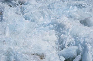 Background from shards of ice. Ice texture. Shallow depth of field. Spring on the river.