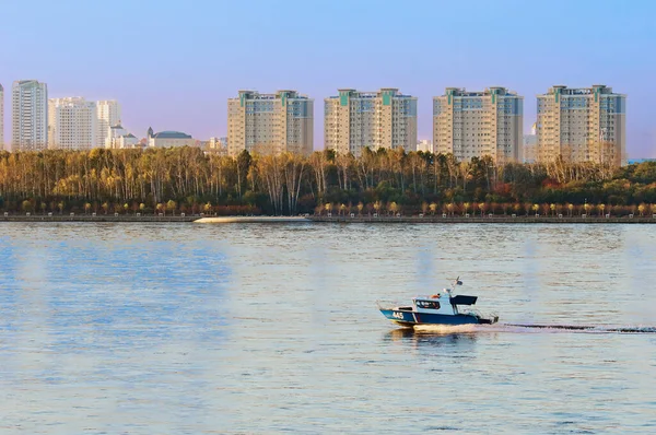 Early Morning Coast Guard Boat Sailing Border River Amur Background — Stock Photo, Image