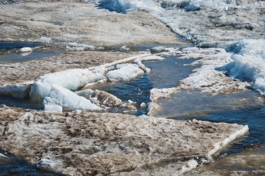 Amur Nehri 'nde bahar buzu sürükleniyor. Güneşli bir günde buz parçacıklarının hareketi. Doğal fenomen.