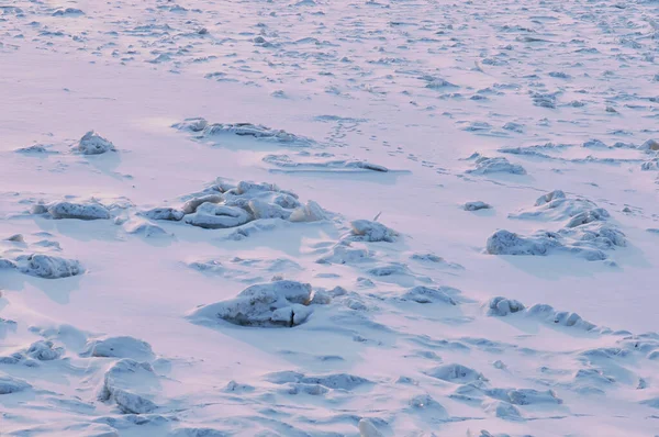 Snow-covered ice of the Amur River in the morning after a snowstorm. Animal tracks in the snow. — Stock Photo, Image