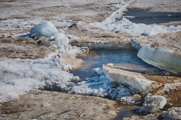 A derreter gelo do rio. Estrutura colunar e em forma de agulha de cristais. Gelo sujo flutua na primavera nas margens do Amur. — Fotografia de Stock